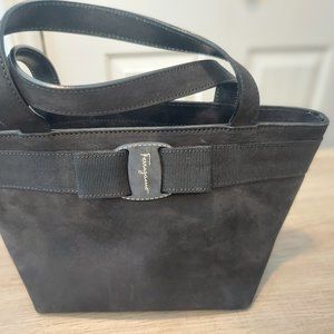 Salvatore Ferragamo Vara Logo Black Suede Leather Handbag Italy NWOT